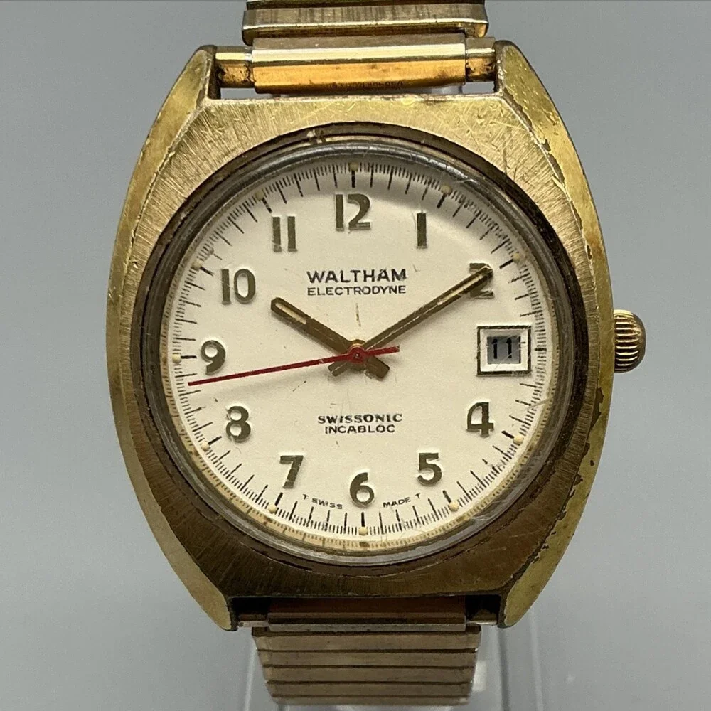 Vtg Waltham Electrodyne Mens Watch 31mm Gold Tone Date Swissonic New Battery